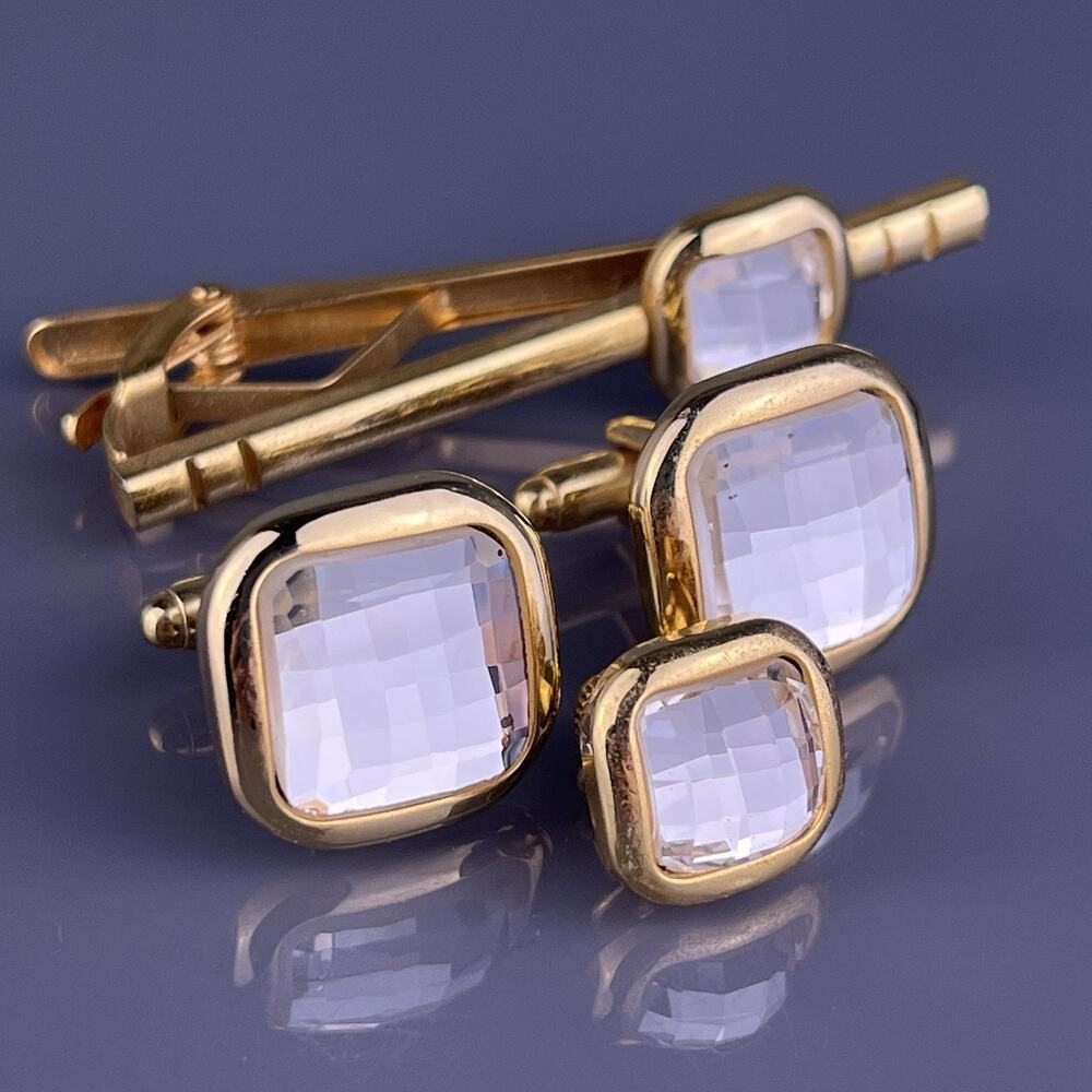 Square White Cut Rhinestone Cufflinks Tie Clip Pin Gold Tone Formal Vintage